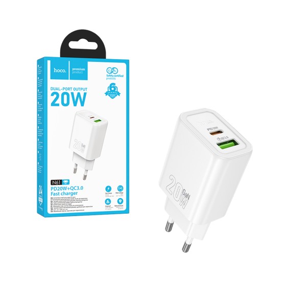 Adaptador Hoco N61 Gentle 2 Portas USB+Tipo-C PD20W GAN Branco